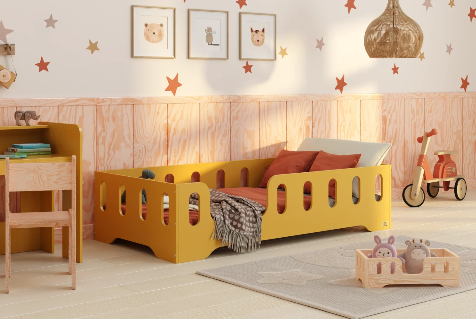 Lit simple en bois pour enfant avec barrière de sécurité et sommier TILA 2 Montessori