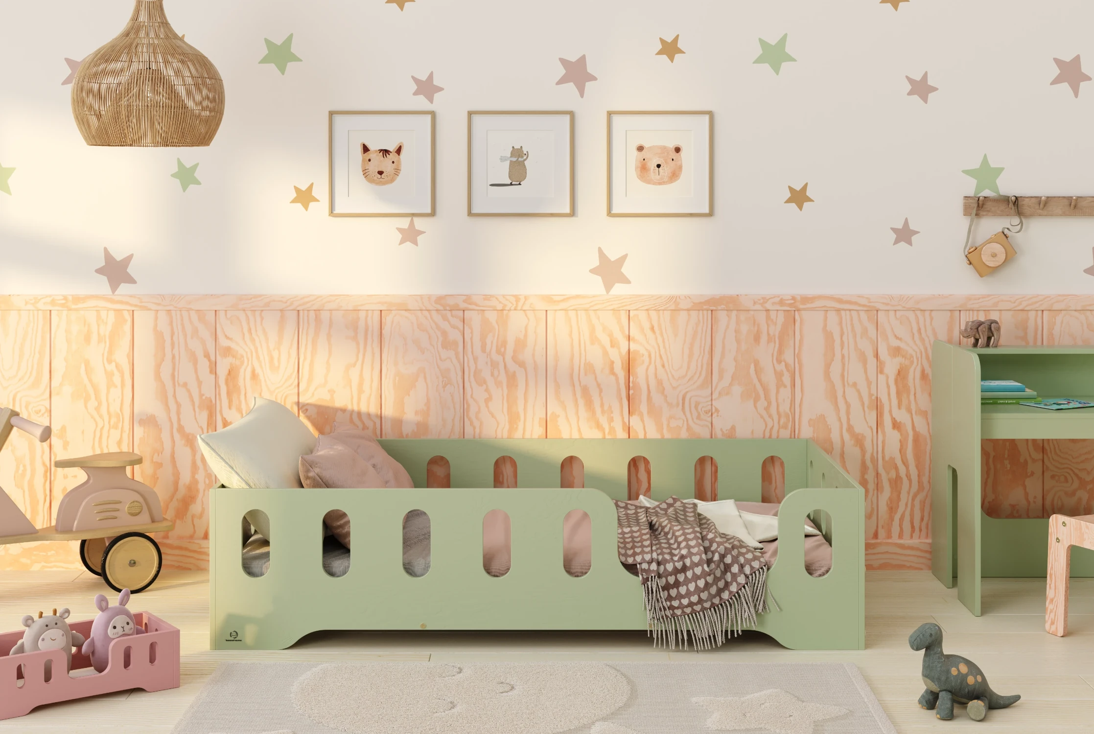 Lit simple en bois pour enfant avec barrière de sécurité et sommier TILA 2 Montessori Vert 90x190 cm Droite