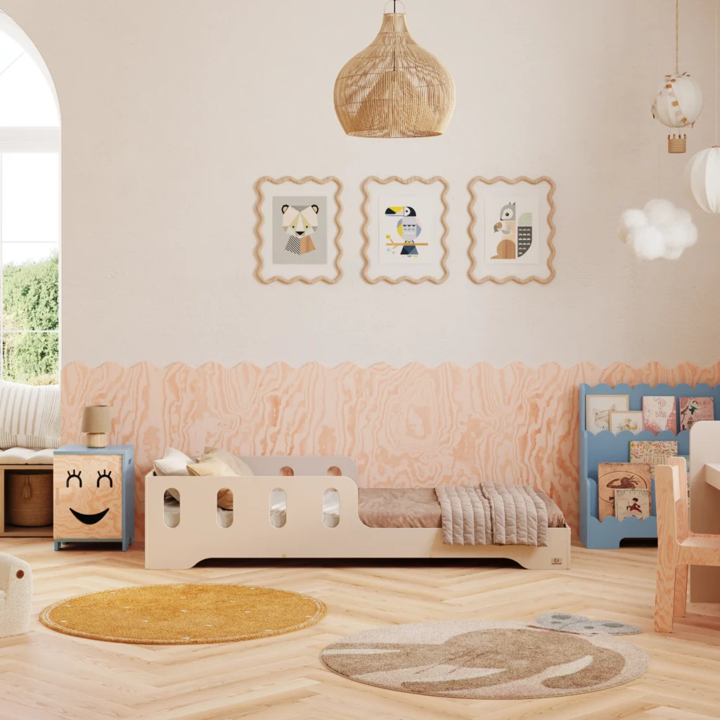 Lit en bois fabriqué en contreplaqué de pin couleur cachemire avec une barrière à ouvertures