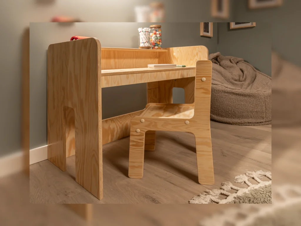 Ensemble bureau et chaise en bois naturel pour enfant, inspiration style Montessori pour chambre enfant.