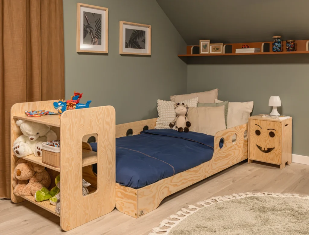Étagère pour enfants en bois avec trois tablettes fabriquée en contreplaqué de pin dans une chambre d’enfant