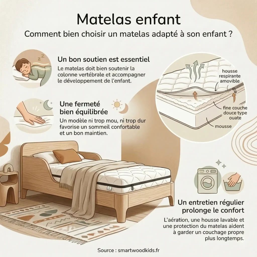 Infographie sur le choix du matelas enfant - bon soutien de la colonne vertébrale, fermeté équilibrée, housse respirante amovible et entretien régulier pour un sommeil confortable