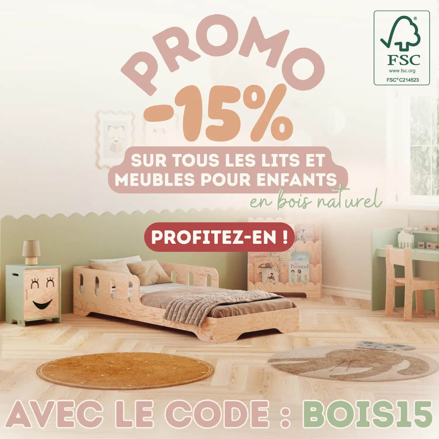 Promo -15% sur tous les lits et meubles pour enfants en bois naturel profitez-en !