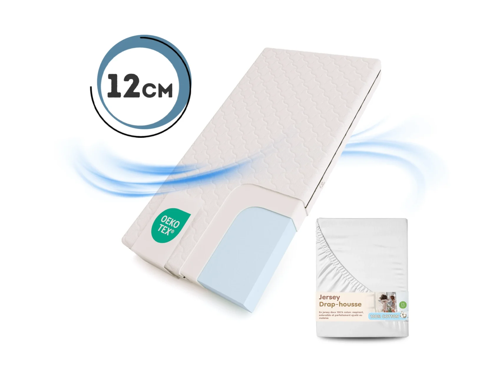 Ensemble Matelas en mousse 12 cm et Drap-housse pour enfant – Fermeté moyenne (H2)
