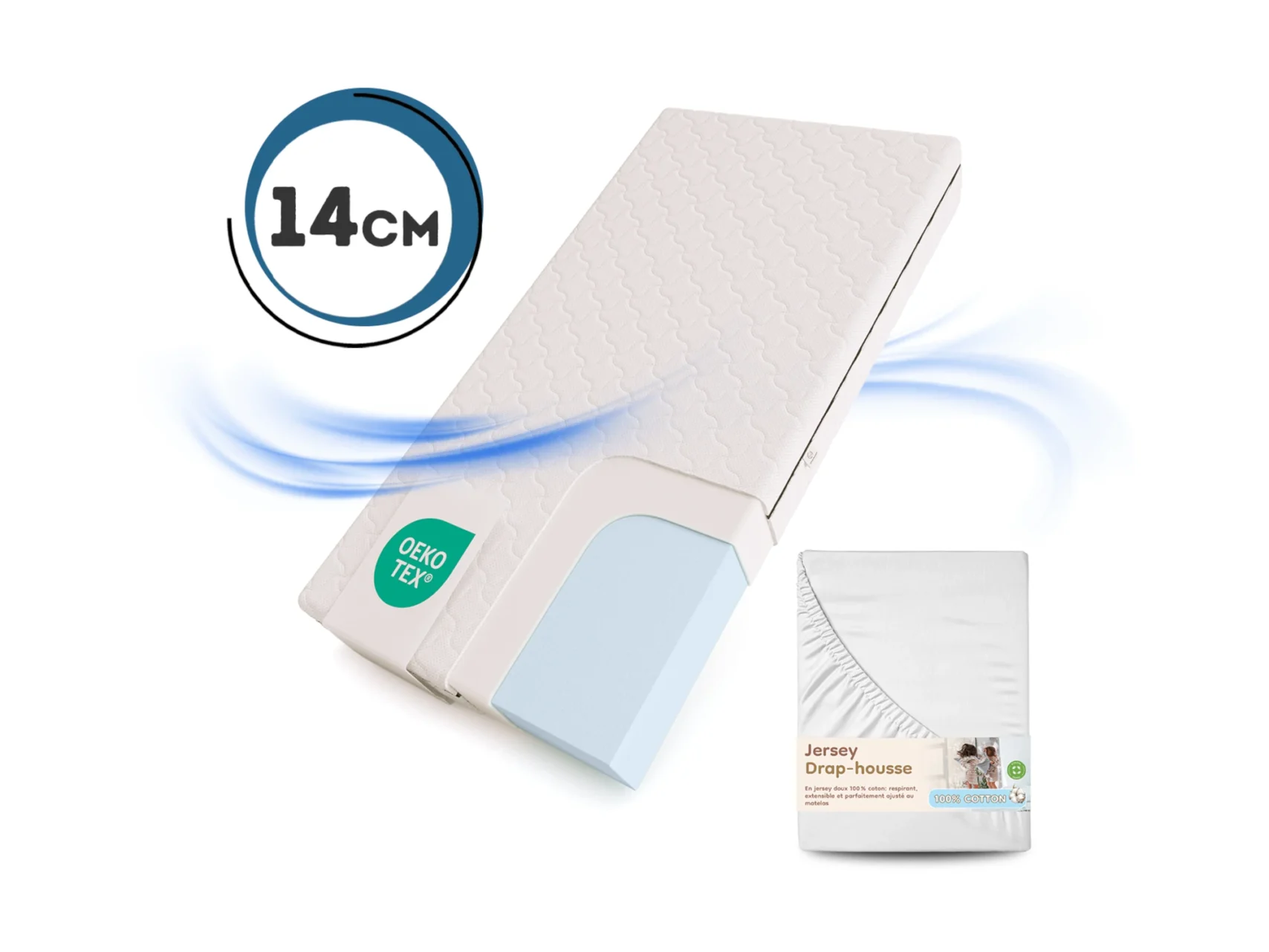 Ensemble Matelas en mousse 14 cm et Drap-housse pour enfant – Fermeté moyenne (H2) – taille XL