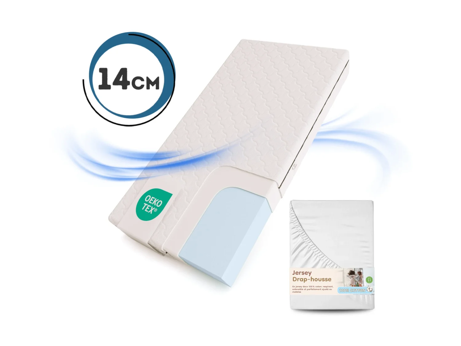 Matelas en mousse de 14 cm d’épaisseur certifié OEKO-TEX avec drap