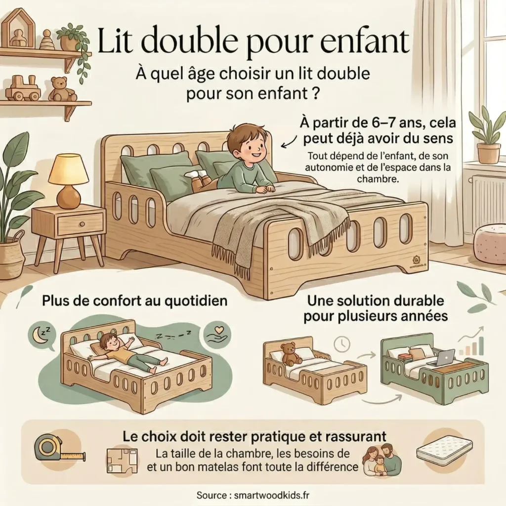 Infographie sur le lit double pour enfant - à quel âge choisir un lit double, confort au quotidien et solution durable pour plusieurs années dans la chambre enfant
