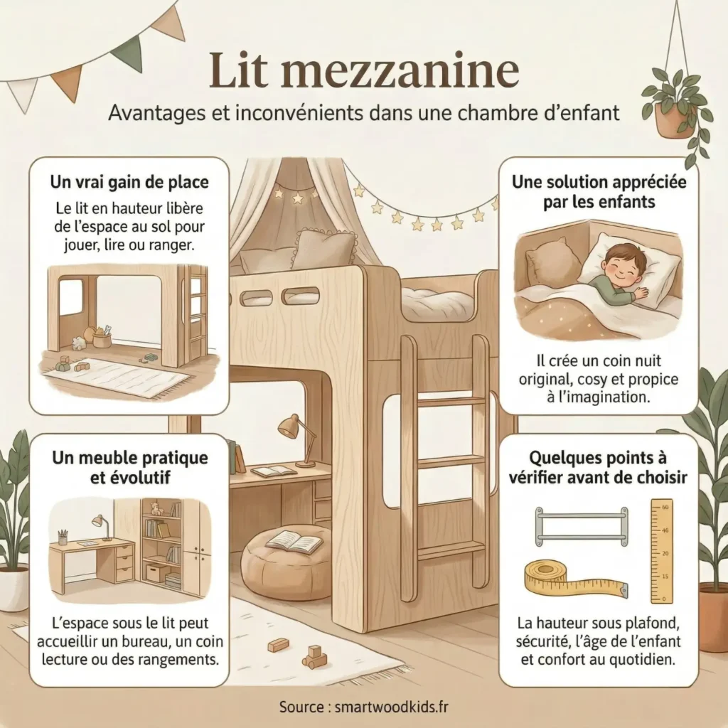Infographie sur le lit mezzanine pour enfant - avantages comme le gain de place et l'espace bureau en dessous, et points à vérifier avant de choisir pour la chambre enfant