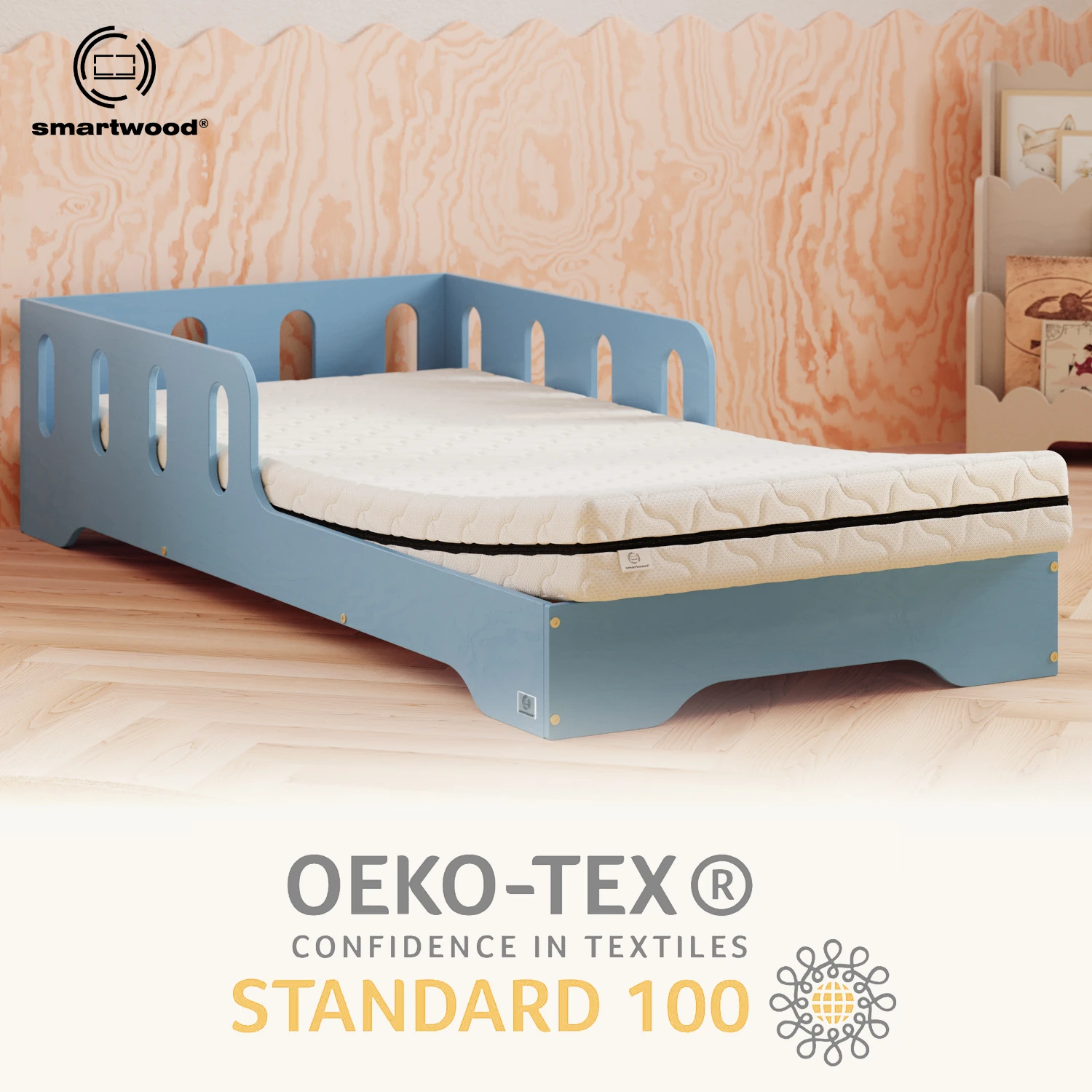 Matelas enfant 12 cm sur lit Tila 6 bleu, matériaux naturels, sûr et confortable pour l’enfant.