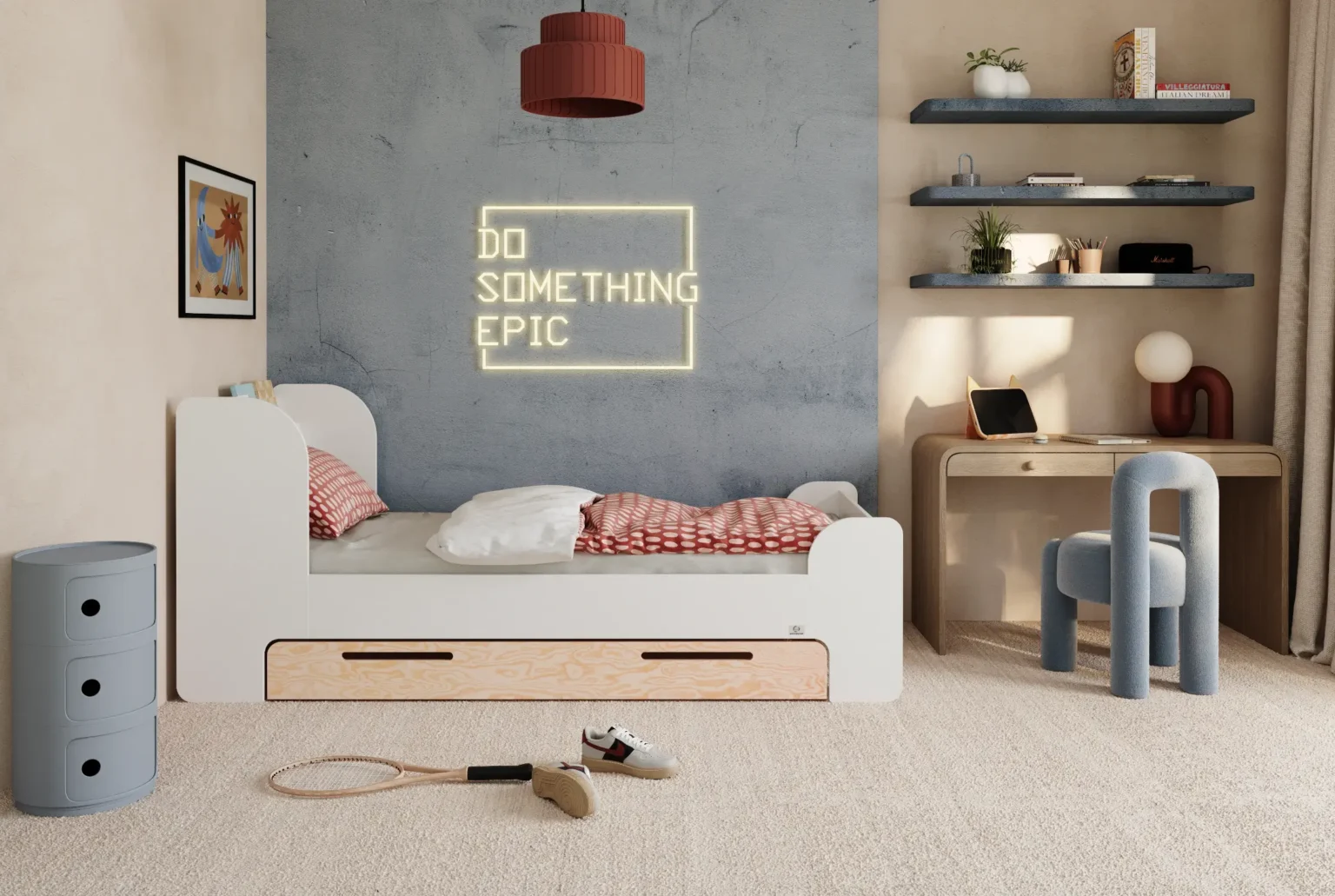 Lit pour enfants et adolescents avec tiroir et sommier FLOU D Classique en bois