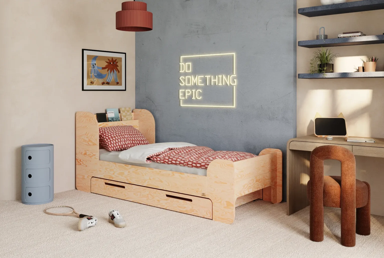 Lit pour enfants et adolescents avec tiroir et sommier FLOU D Classique en bois
