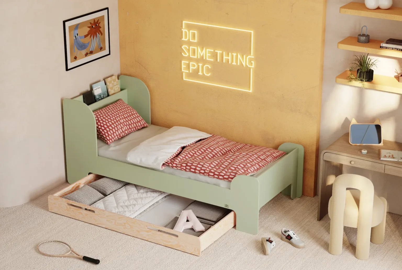 Lit pour enfants et adolescents avec tiroir et sommier FLOU D Classique en bois