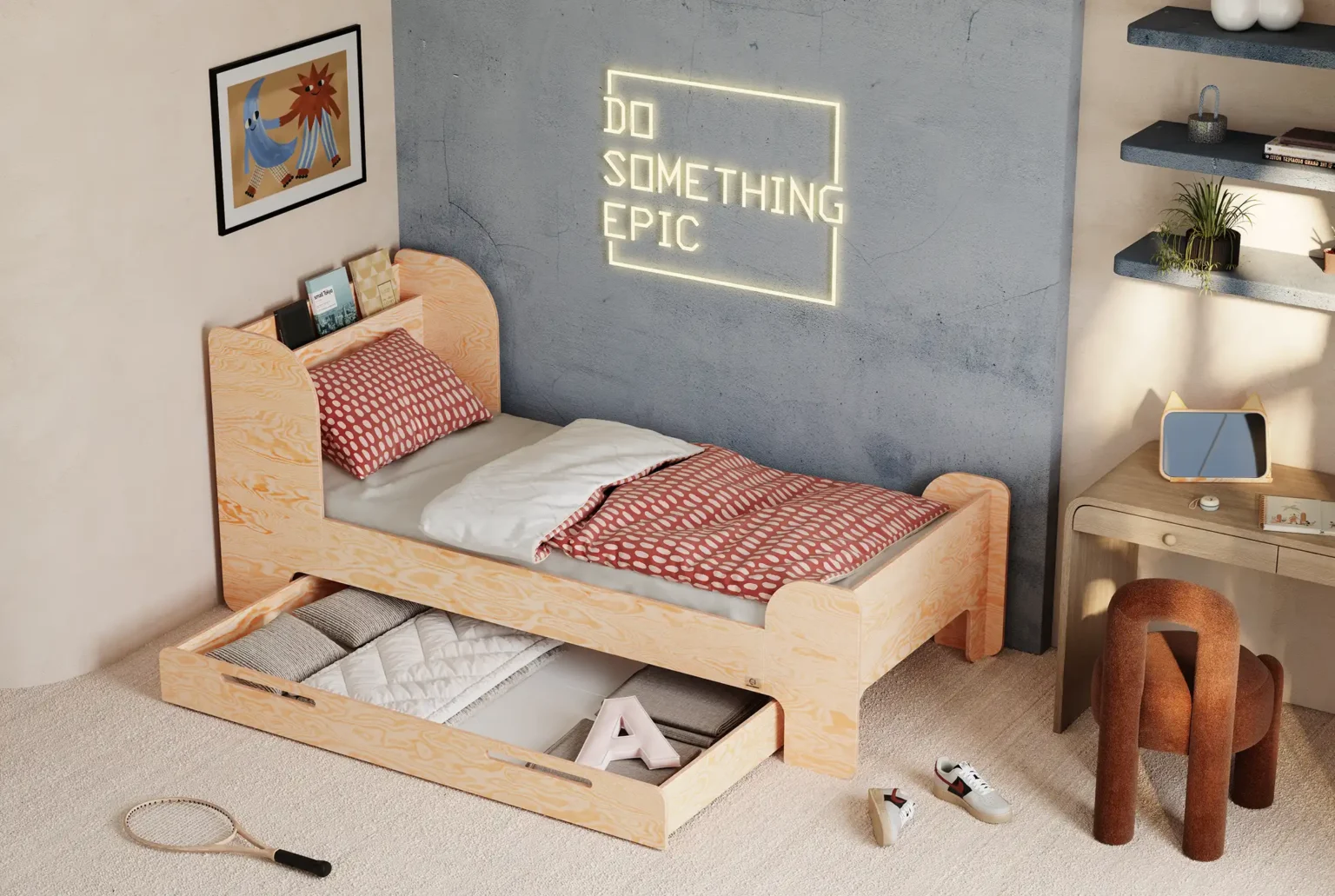 Lit enfant Floud en bois naturel avec tiroir de rangement ouvert dans une chambre d'enfant