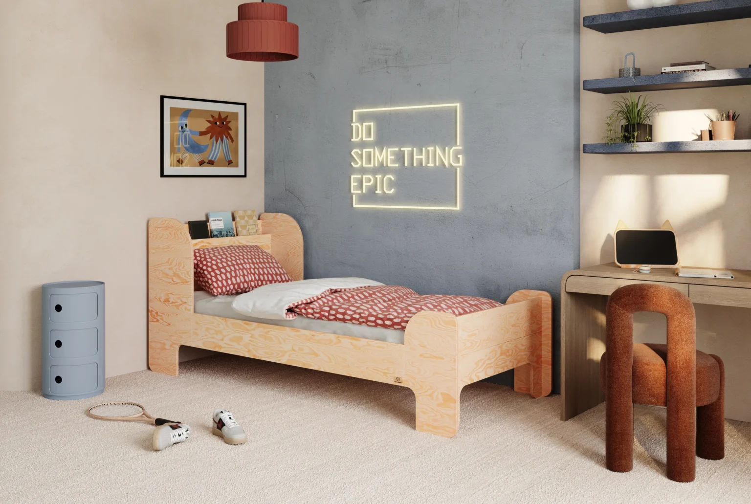 Lit pour enfants et adolescents avec étagère et sommier FLOU Classique en bois