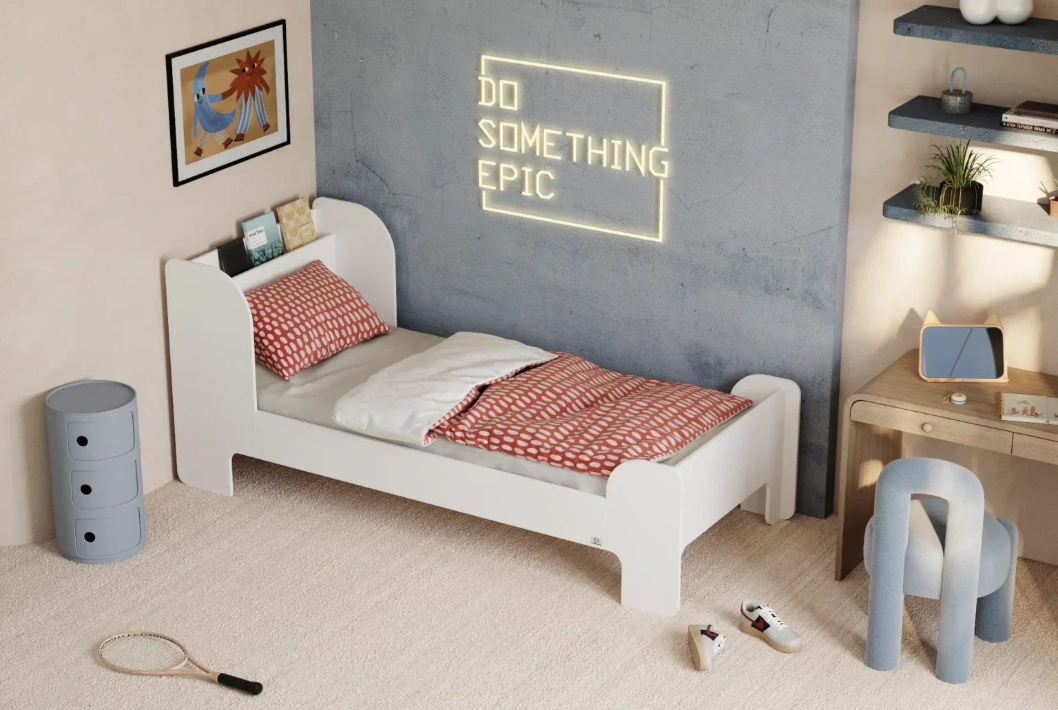 Lit pour enfants et adolescents avec étagère et sommier FLOU Classique en bois