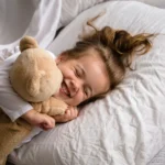 Enfant au lit avec un ours en peluche