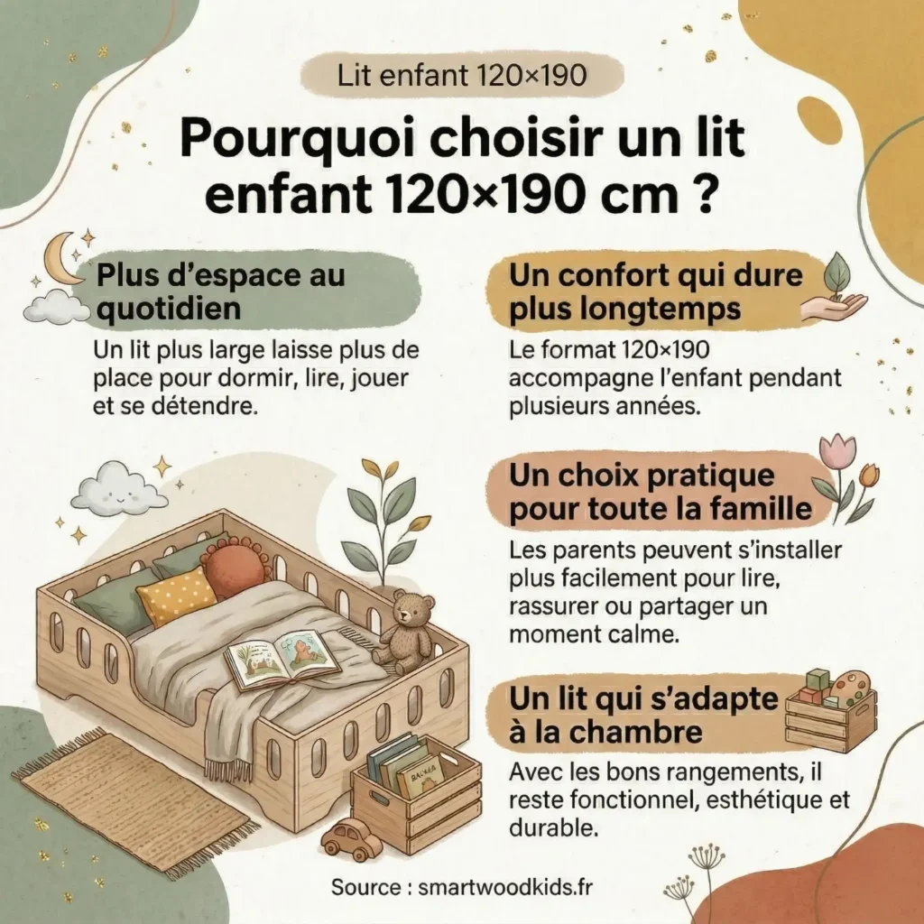 Infographie sur les avantages du lit enfant 120×190 cm - plus d'espace, confort durable, choix pratique pour la famille et lit qui s'adapte à la chambre enfant