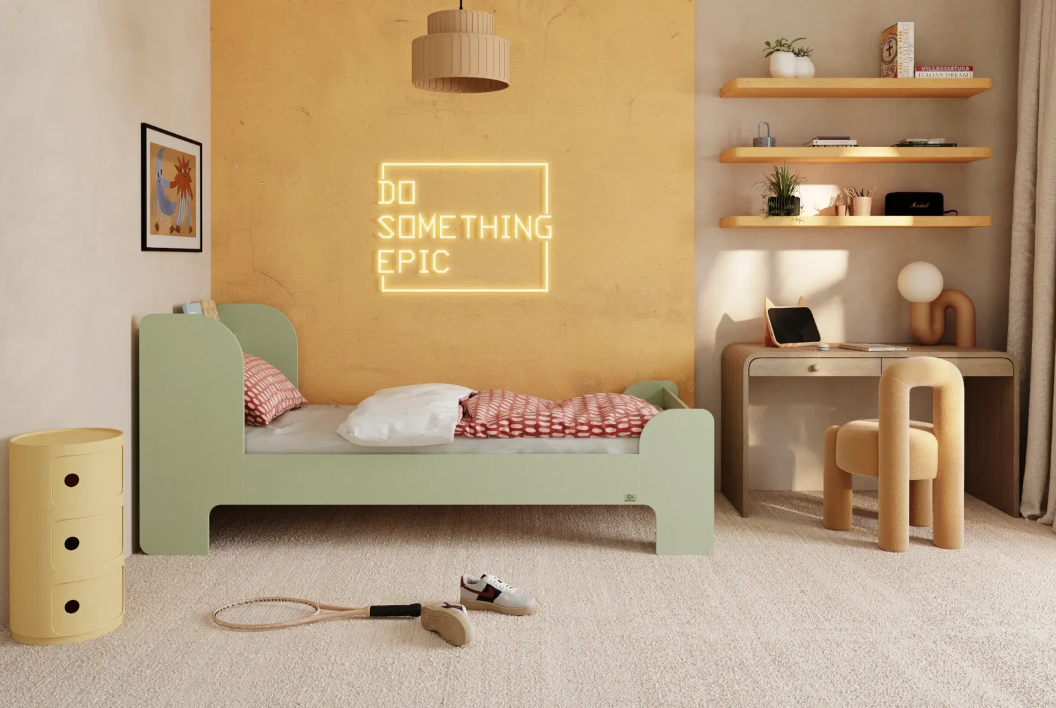 Lit en bois fabriqué en contreplaqué de pin couleur vert avec une tête de lit haute