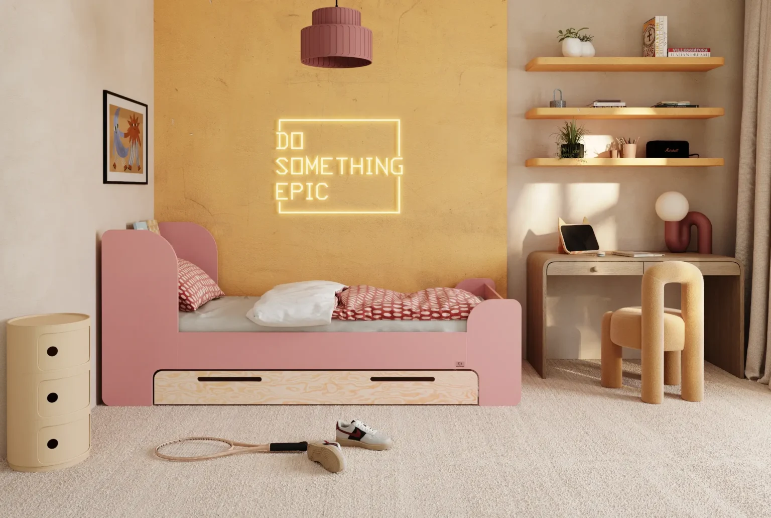 Lit pour enfant en bois fabriqué en contreplaqué de pin de couleur rose avec une tête de lit haute et un tiroir