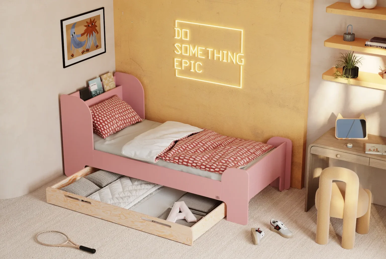 Lit enfant Flou D rose avec tiroir de rangement ouvert en bois naturel dans une chambre