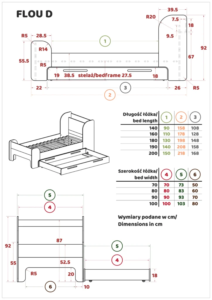 Dessin technique d'un lit avec une étagère et un tiroir FLOU D