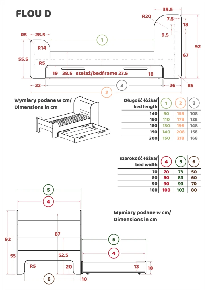 Dessin technique du lit FLOU D avec étagère