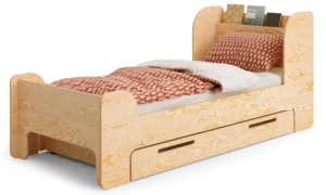 Lit pour enfant en bois fabriqué en contreplaqué de pin de couleur bois naturel avec une tête de lit haute et un tiroir