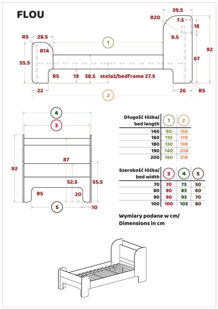 Dessin technique du lit FLOU avec étagère