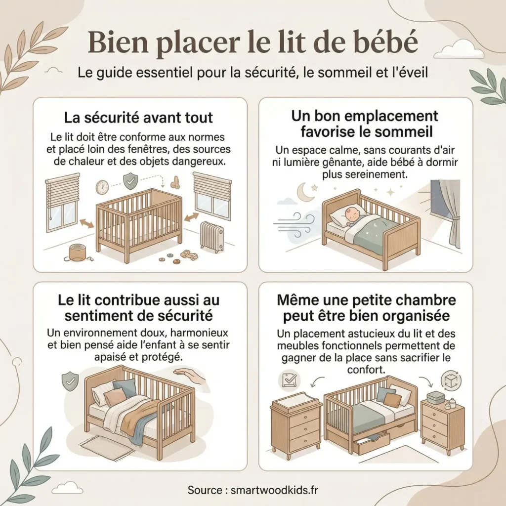 Infographie sur le bon placement du lit de bébé - sécurité, emplacement calme loin des fenêtres, sentiment de sécurité et organisation d'une petite chambreny