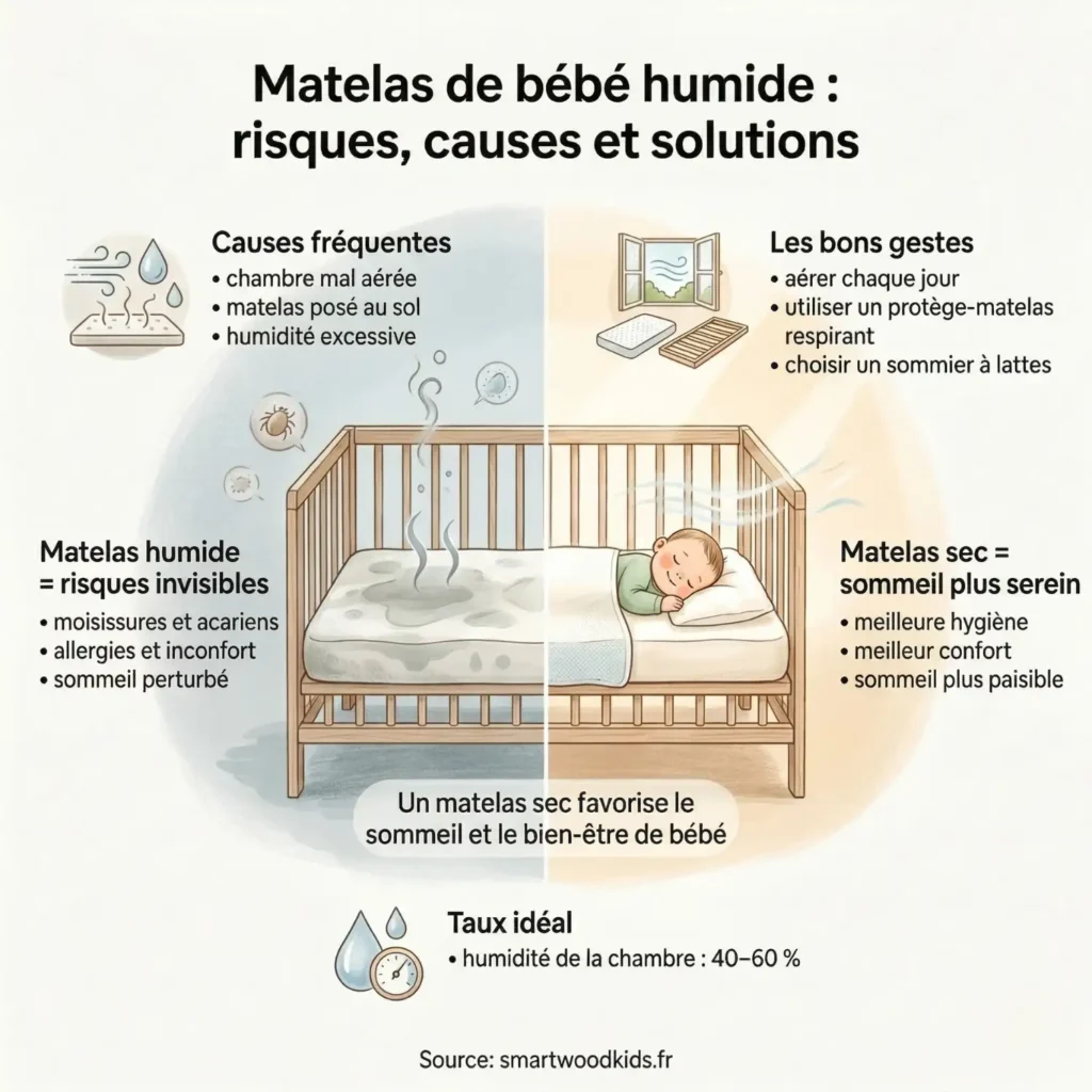 Infographie sur l'humidité du matelas bébé - comparaison entre un matelas humide avec moisissures et un matelas sec pour un sommeil sain dans la chambre enfant