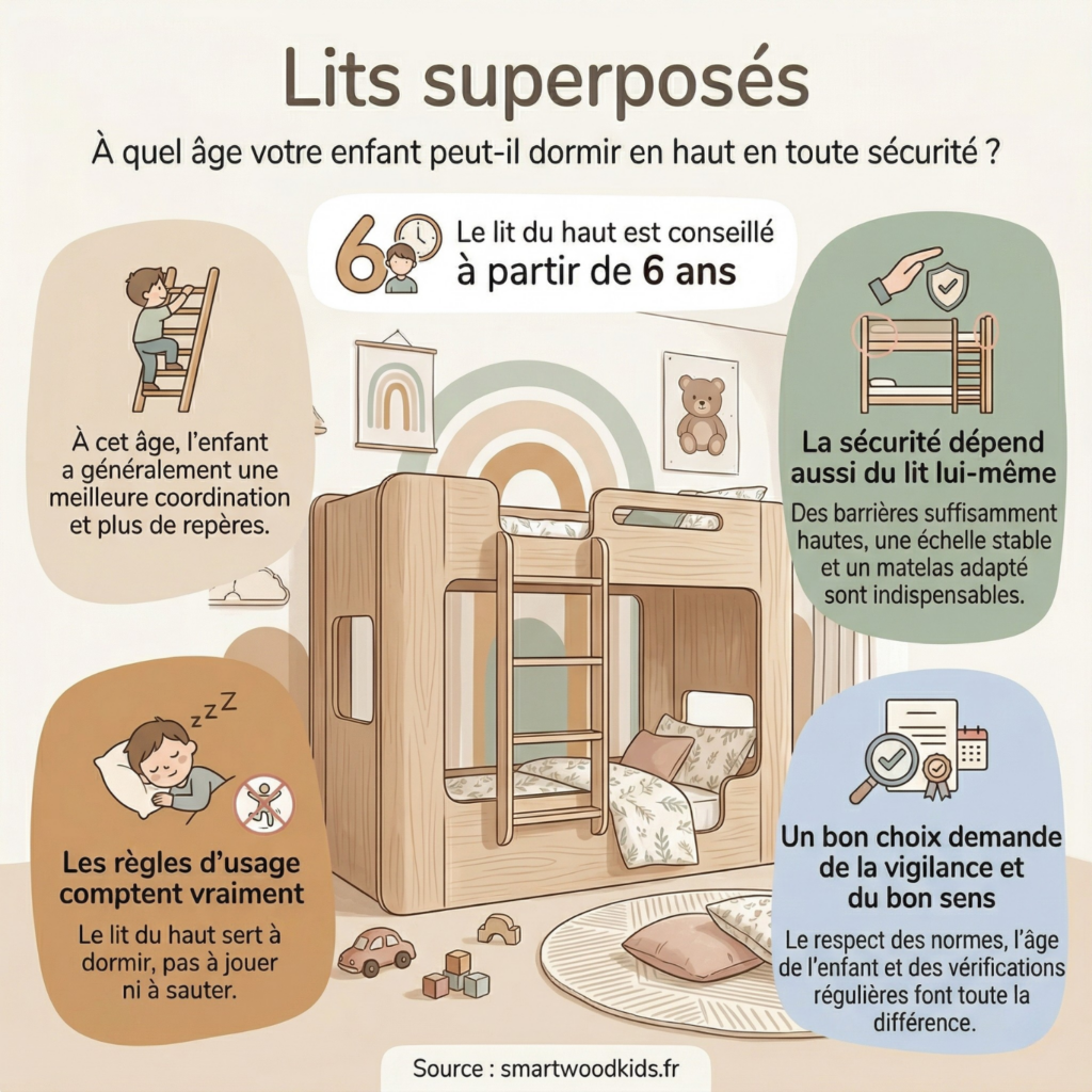 Infographie sur les lits superposés et l'âge de l'enfant - lit du haut conseillé à partir de 6 ans, barrières hautes, échelle stable et règles d'usage pour dormir en sécurité