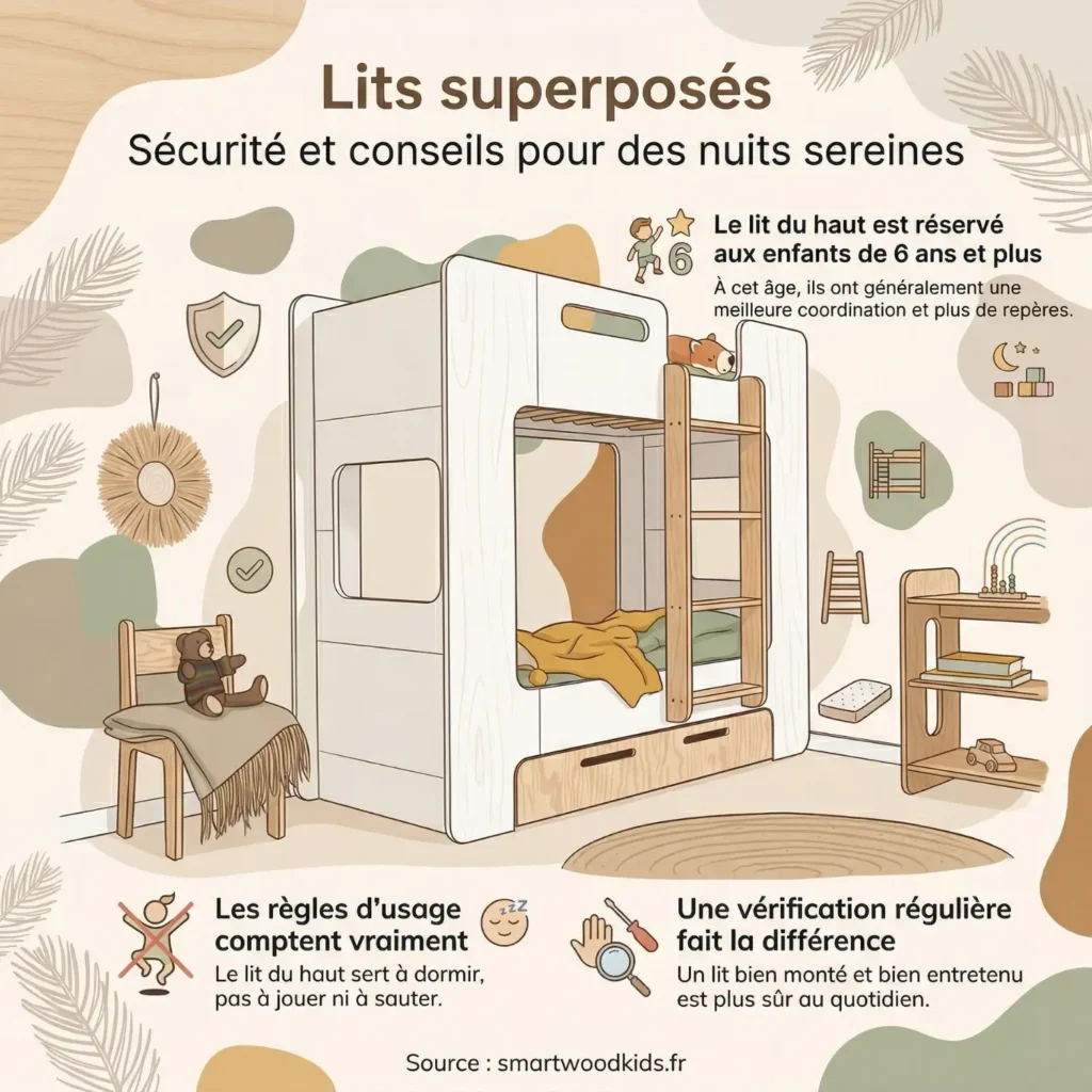 Infographie sur la sécurité des lits superposés - lit du haut réservé aux enfants de 6 ans et plus, règles d'usage et vérification régulière pour des nuits sereines