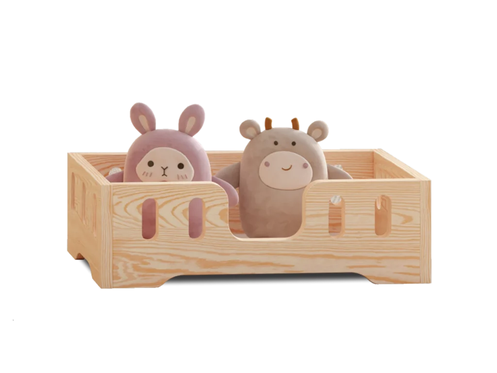 Lit en bois pour poupées avec des ouvertures ovales dans les barrières et une entrée centrale en couleur bois naturel