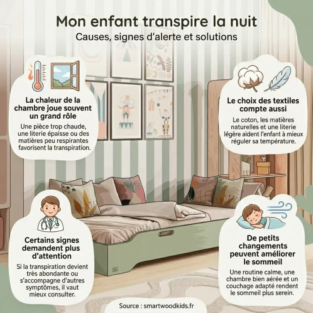 Infographie sur l'enfant qui transpire la nuit - causes liées à la chaleur de la chambre et aux textiles, signes d'alerte et solutions pour un sommeil plus serein