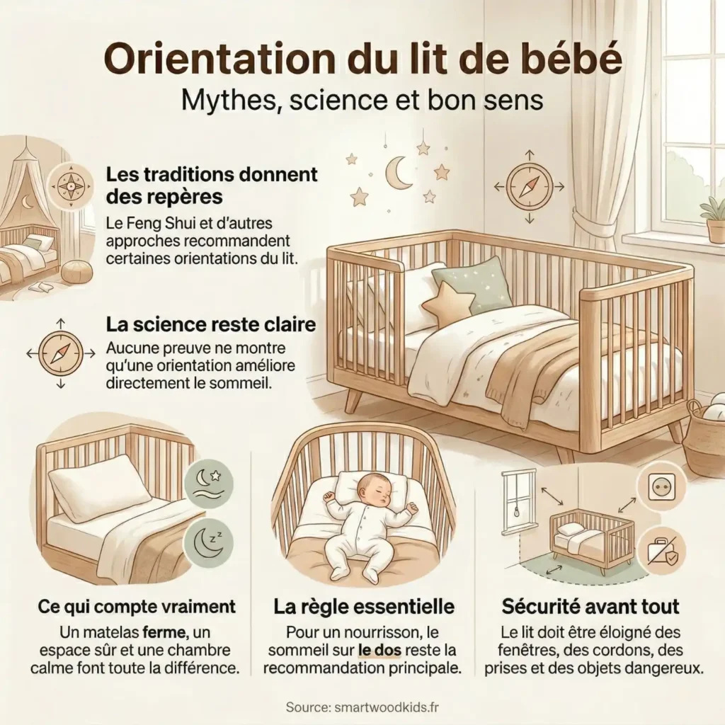 nfographie sur l'orientation du lit de bébé - mythes du Feng Shui, avis de la science, sommeil sur le dos et règles de sécurité pour le placement du lit dans la chambre