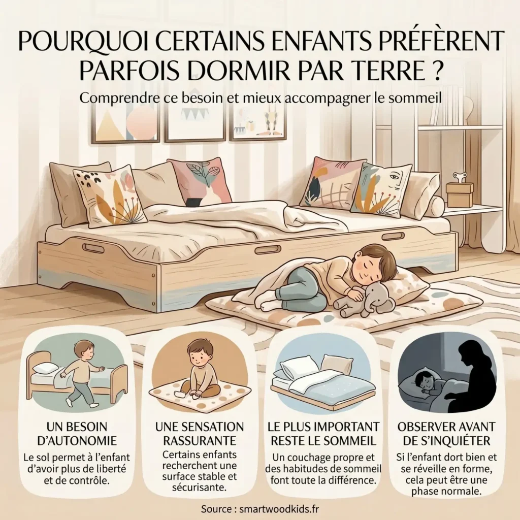 Infographie sur les enfants qui préfèrent dormir par terre - besoin d'autonomie, sensation rassurante du sol et conseils pour accompagner cette phase de sommeil