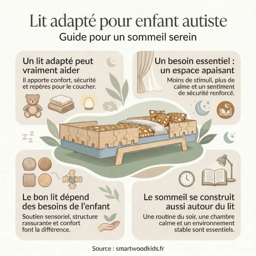 Infographie sur le lit adapté pour enfant autiste - espace apaisant, soutien sensoriel, structure rassurante et routine du soir pour un sommeil serein