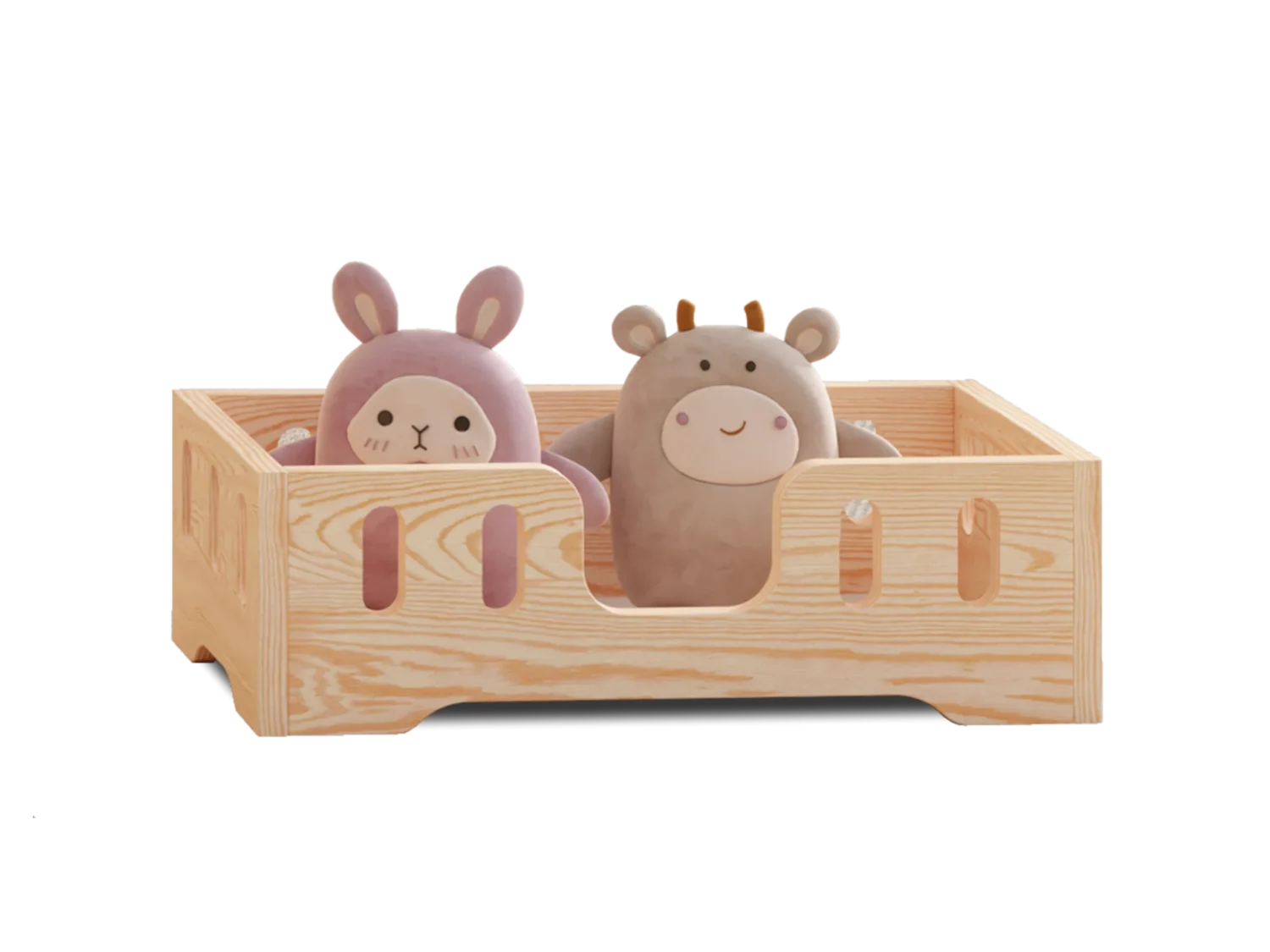 Lit en bois pour poupées avec des ouvertures ovales dans les barrières et une entrée centrale en couleur bois naturel