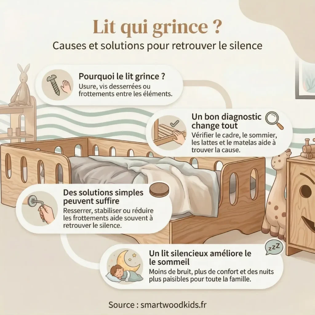 Infographie sur le lit qui grince - causes fréquentes comme les vis desserrées et frottements, diagnostic et solutions simples pour retrouver le silence dans la chambre enfant