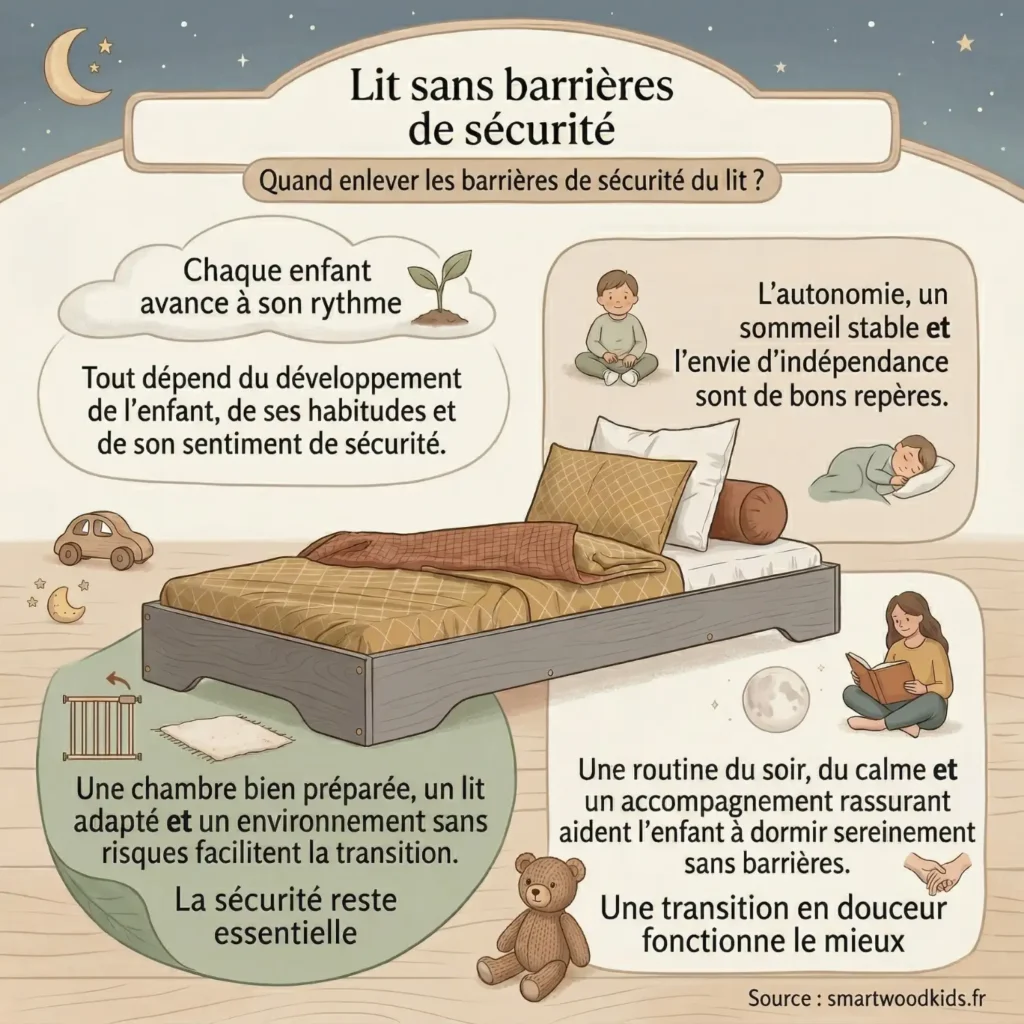 Infographie sur le lit sans barrières de sécurité - quand enlever les barrières, signes d'autonomie de l'enfant et conseils pour une transition en douceur