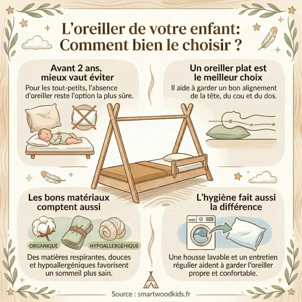 Infographie sur le choix de l'oreiller pour enfant - pas d'oreiller avant 2 ans, oreiller plat recommandé, matières hypoallergéniques et housse lavable pour un sommeil sain