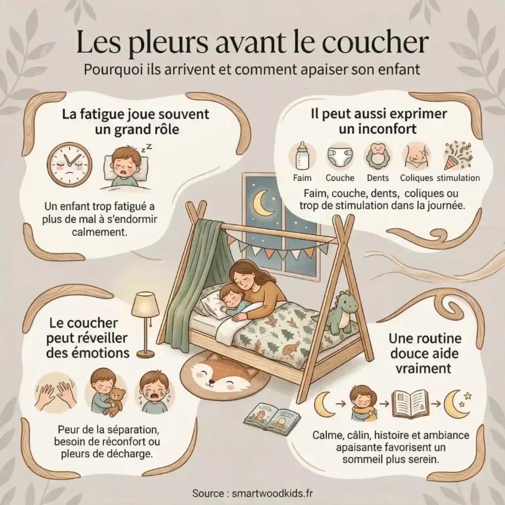 Infographie les pleurs avant le coucher - pourquoi ils arrivent et comment apaiser son enfant, fatigue, inconfort, émotions et routine douce