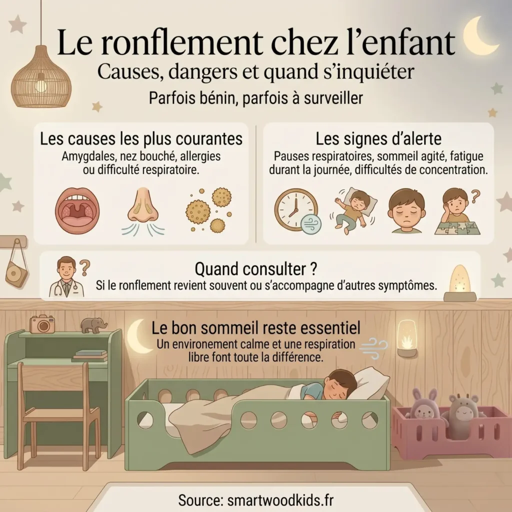 Infographie sur le ronflement chez l'enfant - causes courantes comme les amygdales et allergies, signes d'alerte et quand consulter pour un sommeil sain
