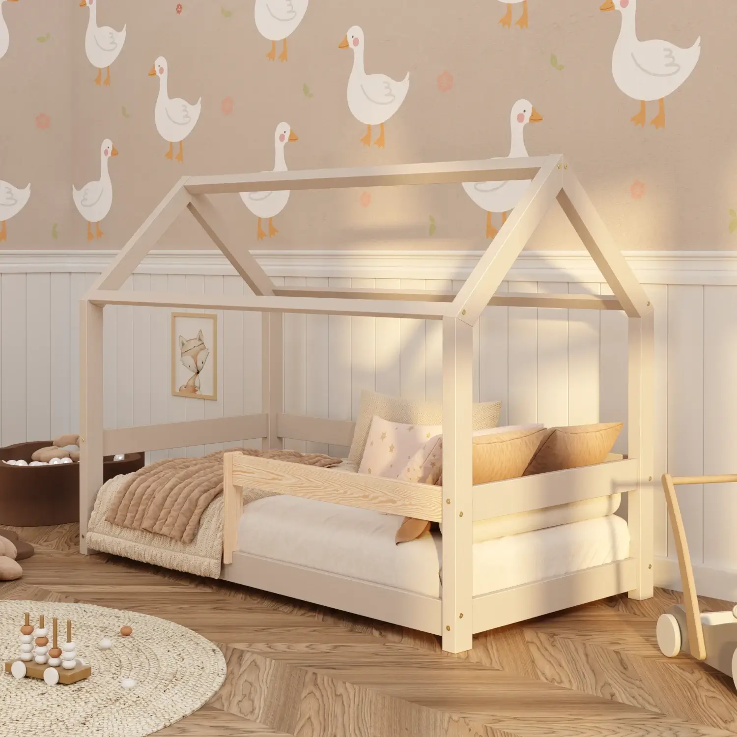 Lit cabane en bois pour enfant avec barrière de sécurité et sommier MILO Montessori