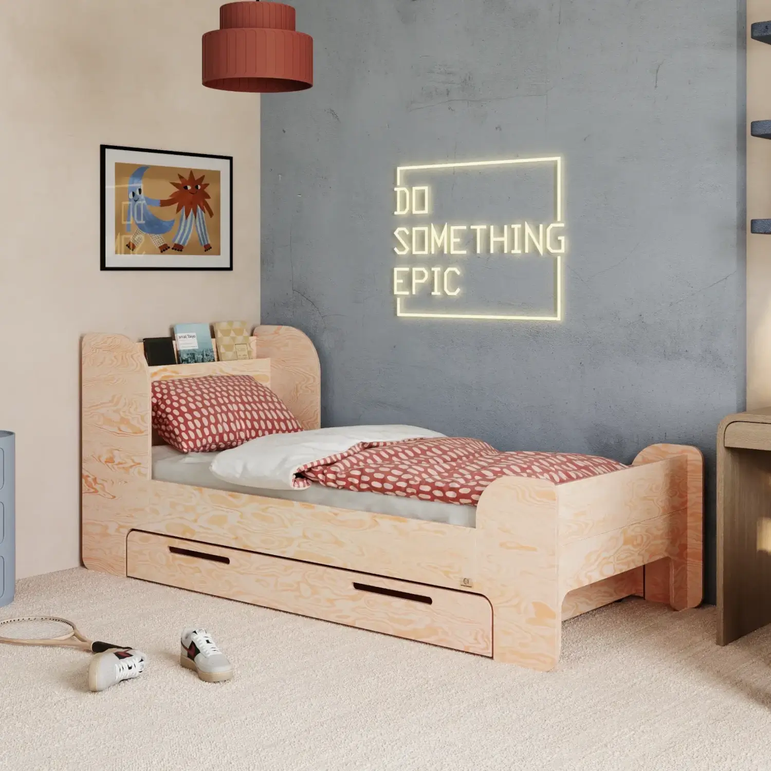 Lit pour enfants et adolescents avec tiroir et sommier FLOU D Classique en bois