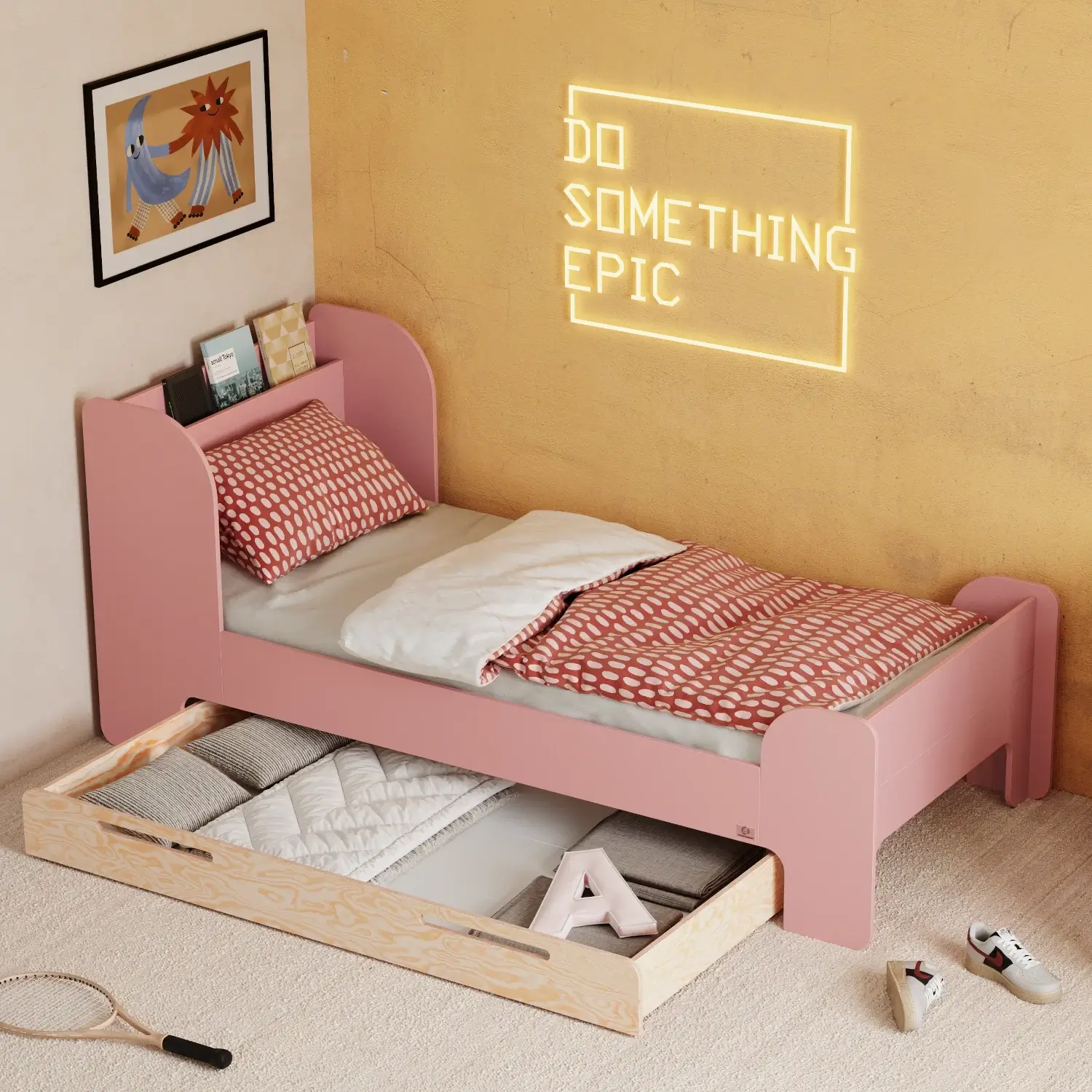 Lit pour enfants et adolescents avec tiroir et sommier FLOU D Classique en bois