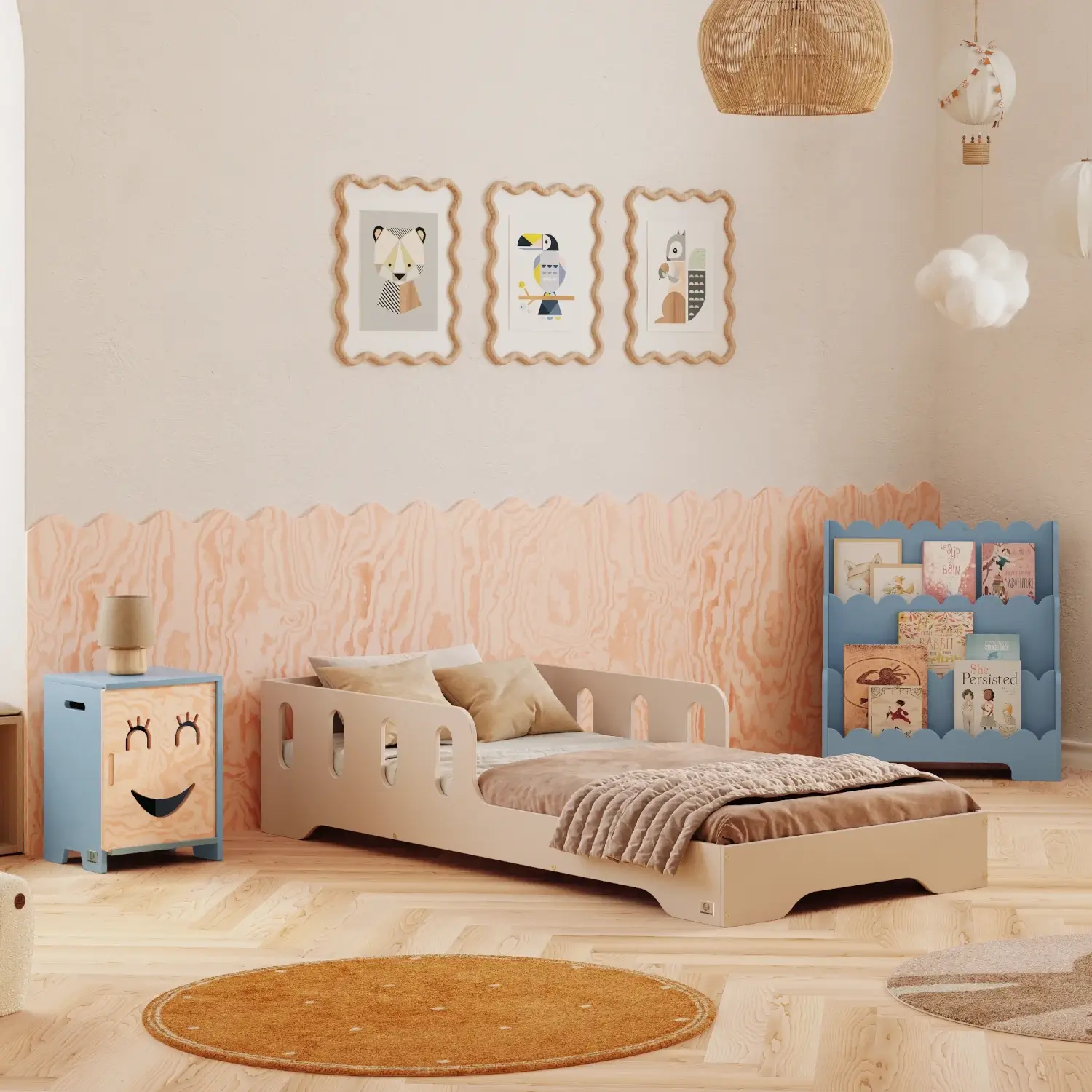 Lit simple enfant en bois avec barrière de sécurité et sommier TILA 6 Montessori