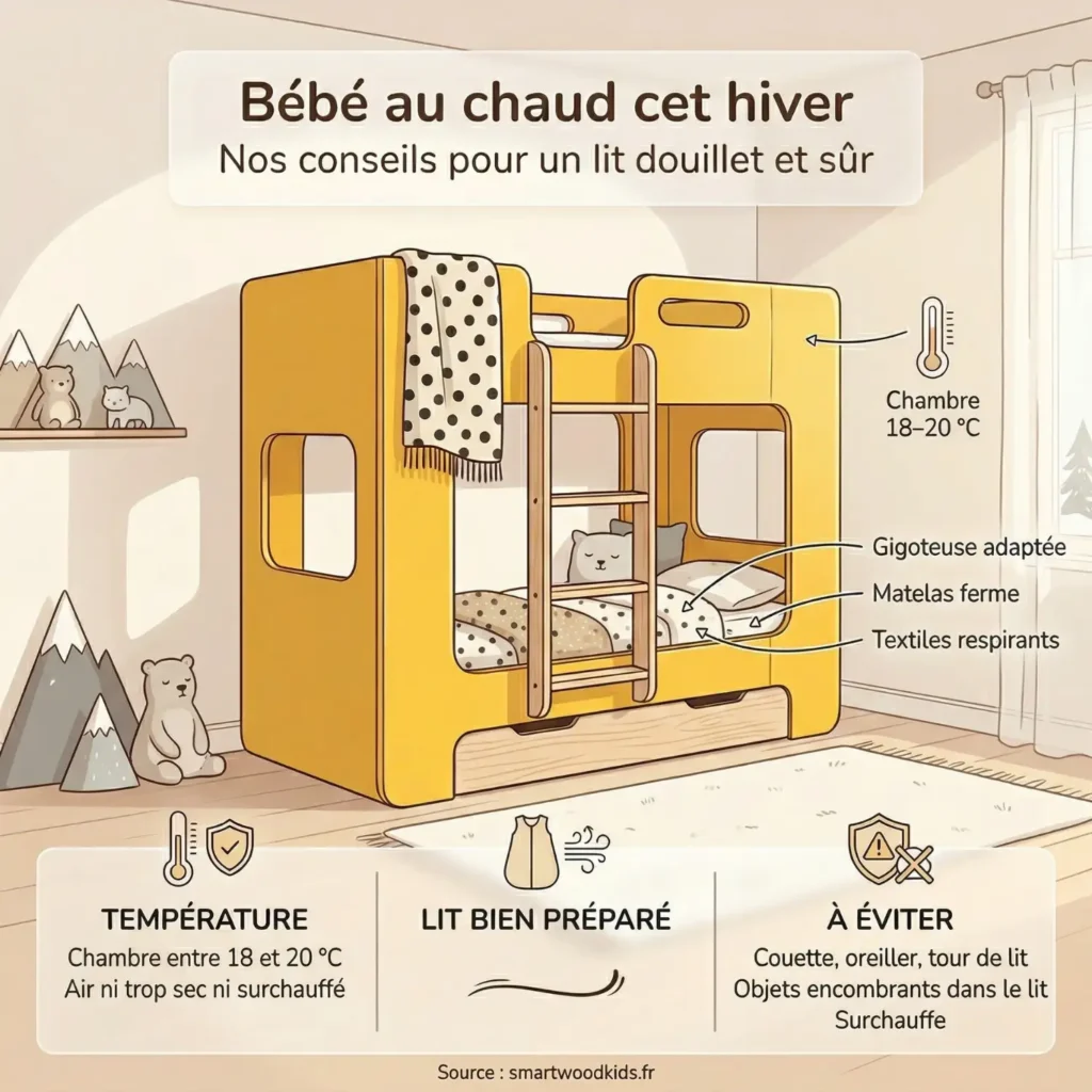 Infographie bébé au chaud cet hiver - conseils pour un lit douillet et sûr avec température idéale, gigoteuse adaptée et textiles respirants