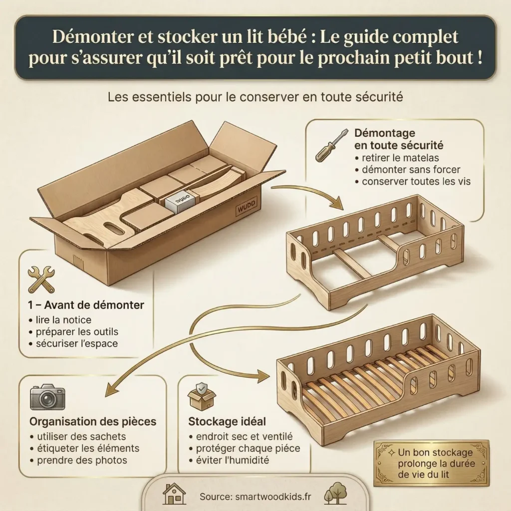 Infographie sur le démontage et le stockage d'un lit bébé - guide complet étape par étape pour conserver le lit en toute sécurité