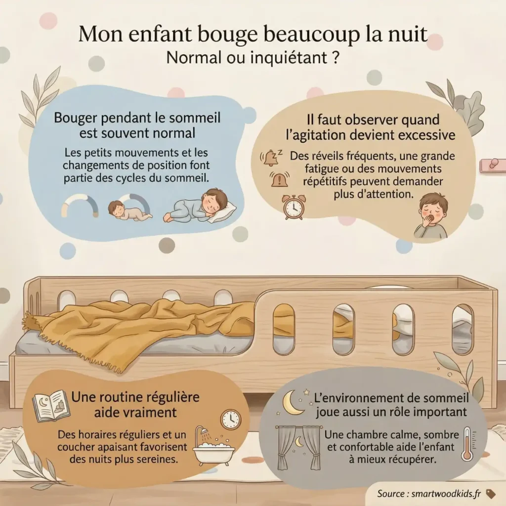 Infographie sur l'enfant qui bouge beaucoup la nuit - mouvements normaux pendant le sommeil, signes d'agitation excessive et conseils avec routine régulière et environnement calme